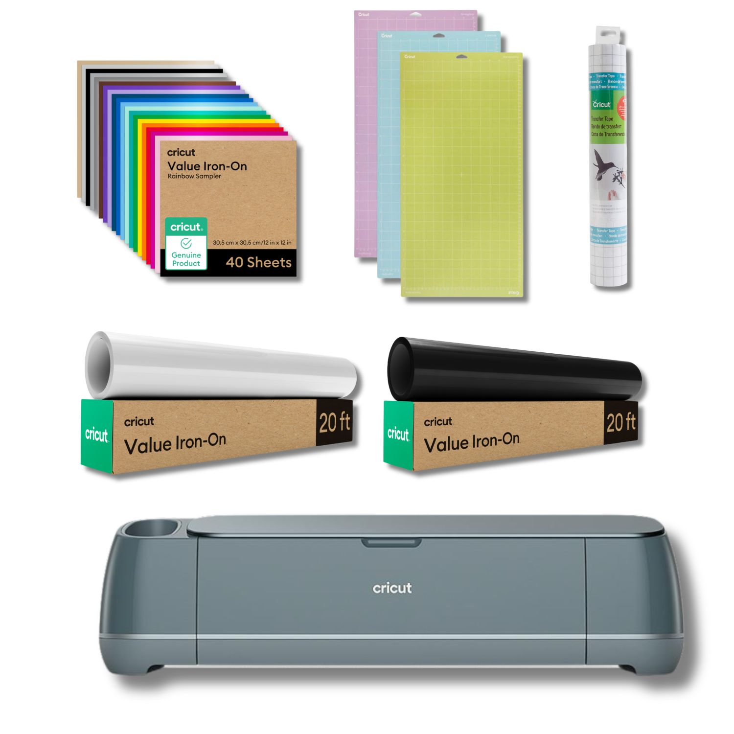 Cricut Maker 4 con Pack de tapetes variados Vinilo textil pack 40 hojas de colores Vinilo textil blanco Vinilo textil negro y cinta de transferencia