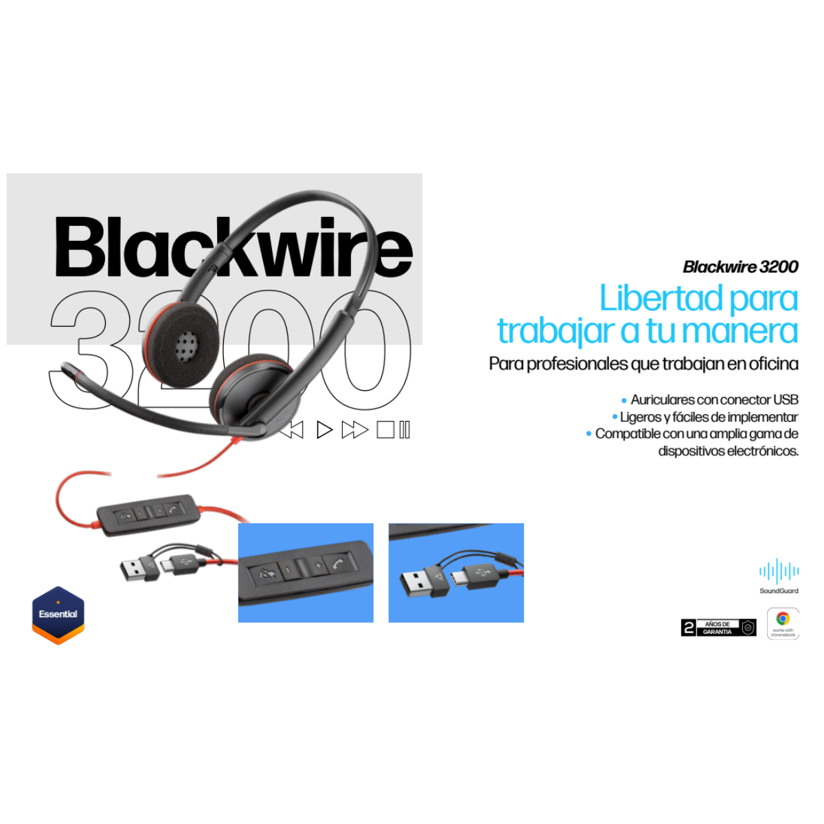 Headset HP Poly Blackwire 3220 USB-C/A (SI)