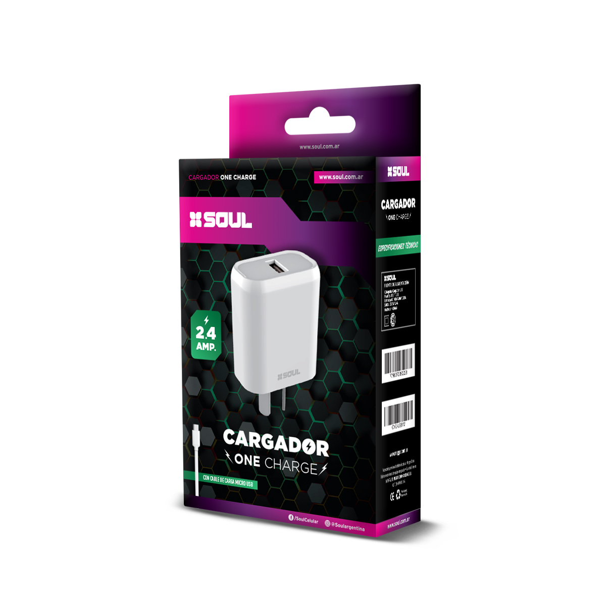 CARGADOR VIAJERO 1 USB 2.4A + 5V Type C (12Watts)