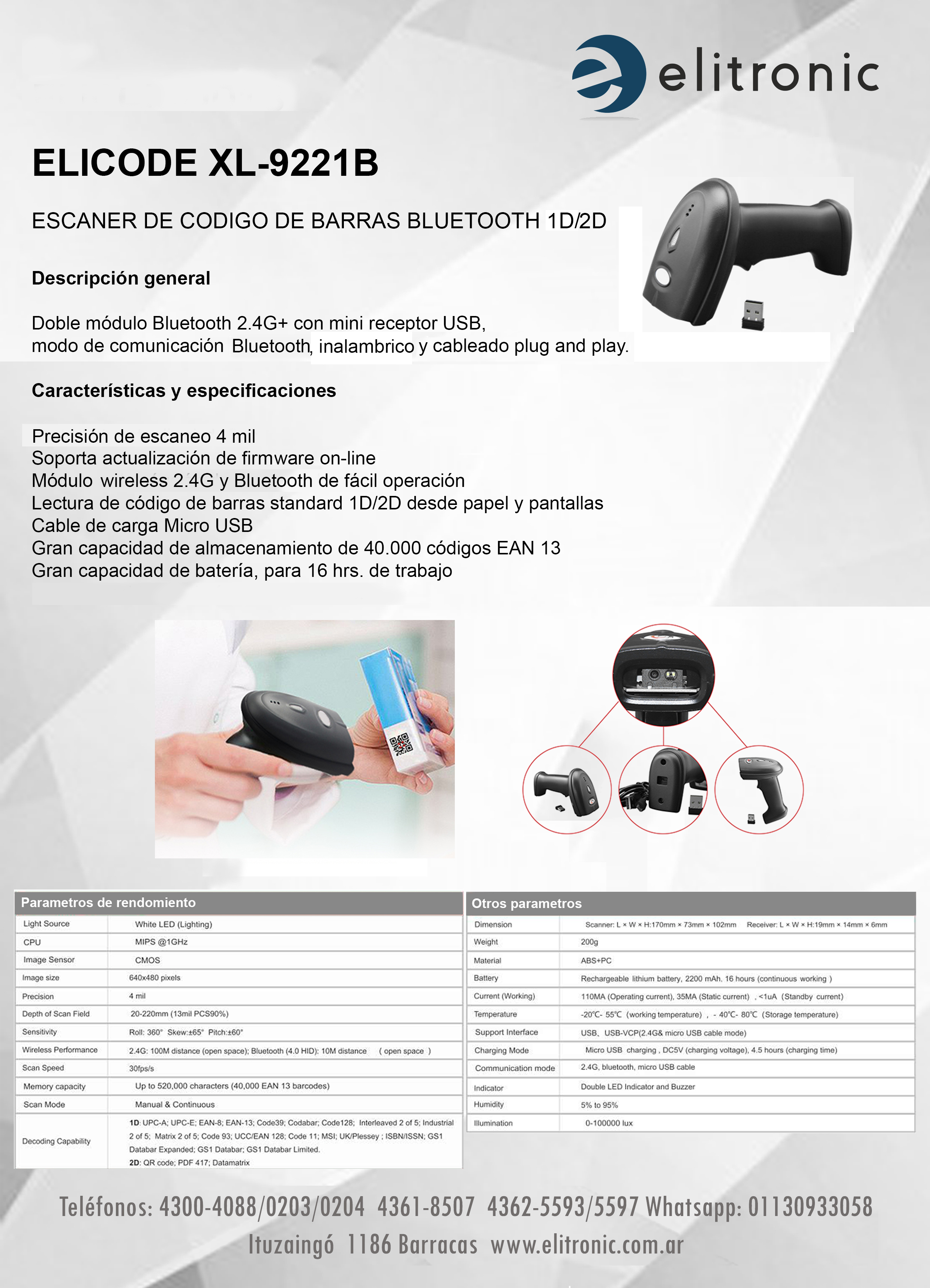 LECTOR CODIGO DE BARRAS ELICODE XL-9221B 2D/1D WIRELESS / BLUETOOTH